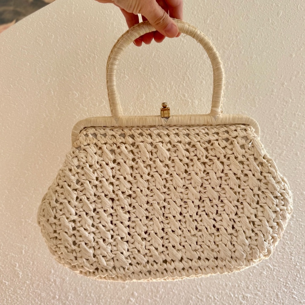 Vintage Joseph Horne Co Made in Italy Cream Woven Raffia Straw Top Handle Bag - Picture 2 of 9